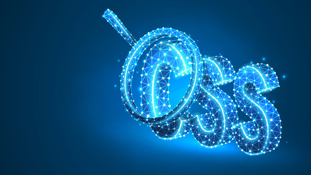 Magnifying glass on Cascading Style Sheets coding language sign. Theme development analysis, css concept. Abstract, digital, wireframe, low poly mesh, Raster blue neon 3d illustration. Line, dot