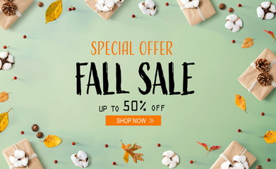 Fall sale banner with gift boxes with autumn leaves