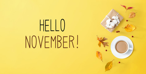Hello November message with autumn theme with coffee and gift box