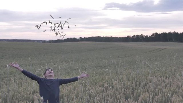 happy boy throws up wheat ears to the sky in the field in the evening slow motion