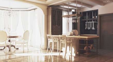 Residential interior of modern kitchen in luxury mansion, 3d rendering