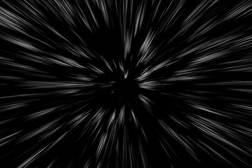 Obraz premium Bokeh white lines on black background, abstraction, abstract speed light motion blur texture, star particle or space traveling, black and white extrusion effect