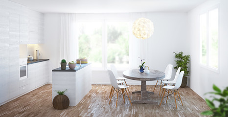 Residential interior of modern kitchen in luxury mansion, 3d rendering