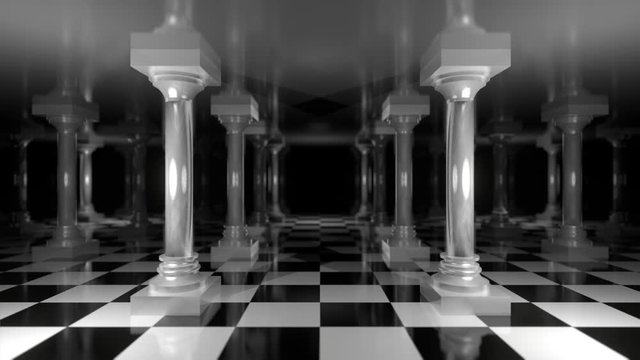 3d rendering abstract background of  antique colonnade, classical ancient tuscan order white marble columns in a row. Moving the camera. 3D animation 4K