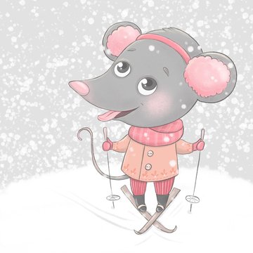 Christmas and Happy New year card with little cartoon mouse skier