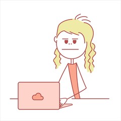 Doodle stick figure: Girls working with computer. Vector