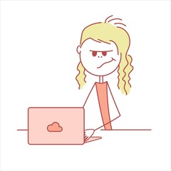 Doodle stick figure: Angry girl working with computer. Vector