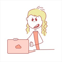 Doodle stick figure: Angry girl working with computer. Vector