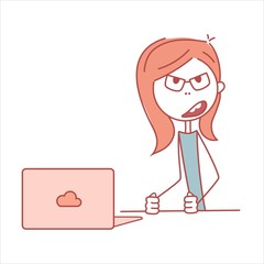 Doodle stick figure: Angry girl working with computer. Vector