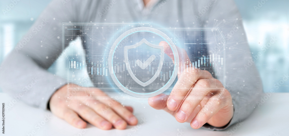 Poster man holding a shield web security concept 3d rendering