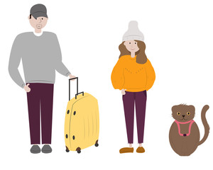 Family travel. Young family traveling with cat. Baggage or suitcase, traveling and holidays or vacation. Travelers in various activity with luggage and equipment. Vector flat illustration