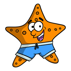 Cartoon style illustration of a friendly starfish character wearing swimming trunks