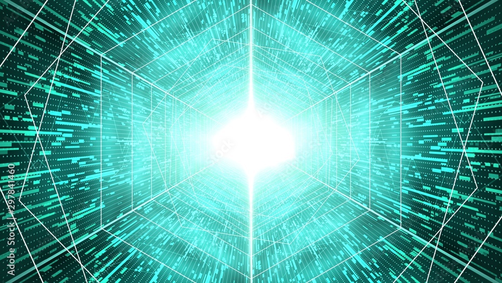Poster digital matrix tunnel with bright light ahead, source code virtual machine