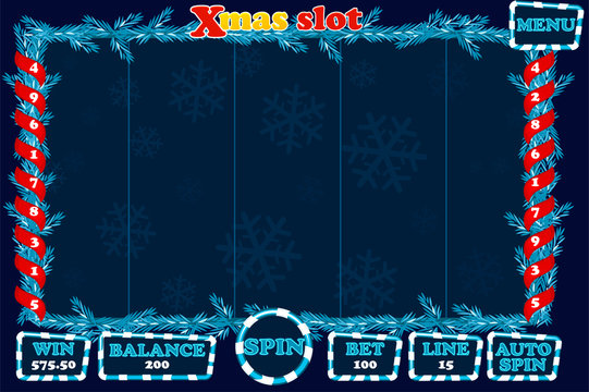 Christmas Slot, game UI interface and buttons in blue color. Complete menu for casino game