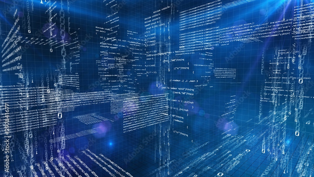 Poster programming code 3d world, inside machine processes, blue tech background