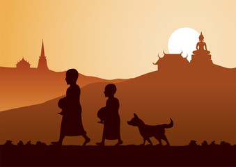 food offering to a monk or receive food or ask for alms,routine of monk,dog walk follow,silhouette style,vector illustration