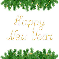 Beautiful horizontal frame with realistic spruce branch and hand drawn text Happy New Year made of decorative golden chain isolated on white background; Vector template with green Christmas tree twigs