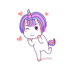 Kawaii short hair unicorn standing, happy cartoon vector