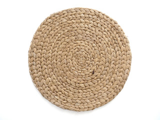 top view texture of handmade round beige wicker tablecloth surface isolated on white background; - obrazy, fototapety, plakaty