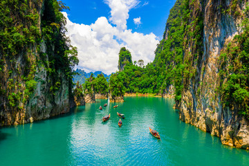 Beautiful mountain and blue sky with cloud in Khao Sok National park locate in Ratchaprapha dam in...