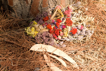 Dried herb and flower bunch on pine needles