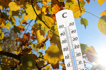 Thermometer vor Baum mit Herbstfärbung