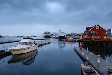 Fototapeta na wymiar Passenger ship at quay in Brønnøysund, Nordland county