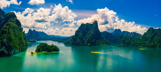 Panorama view of mountain and blue sky with cloud in Khao Sok National park locate in Ratchaprapha dam in Surat Thani province, Thailand.