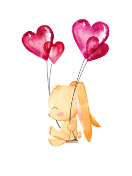Cute rabbit swings with heart balloons. Valentine's Day hand drawn greeting card