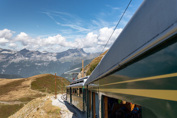 Mont Blanc Tramway in alpine landscape - highest rack railway train in France.