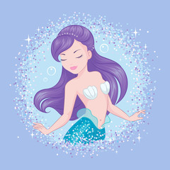 Purple hair mermaid on lilac background. Cute Mermaid in glitter frame for t shirts or kids fashion artworks, children books. Fashion illustration drawing in modern style. Glitter frame