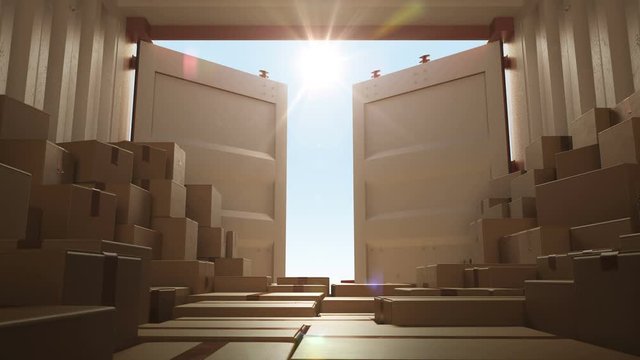 Metal Container Doors Opening to the Bright Sun Light Beautiful Scene. Cargo Shipping Container Opening 3d Animation. Transportation Concept. 4k Ultra HD 3840x2160.