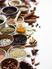 Assortment of various dry spices in small bowls on a white background. Selective focus
