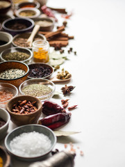 Assortment of various dry spices in small bowls on a white background. Selective focus