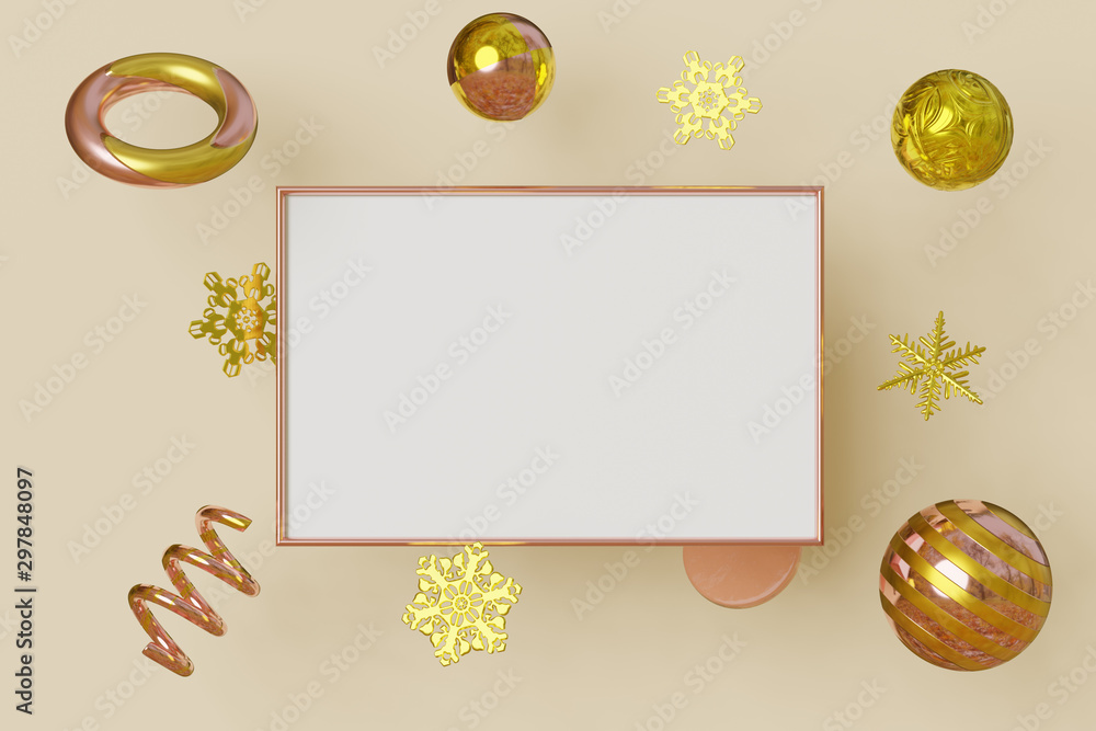 Fototapete horizontal mockup picture frame gold color flies on cream background with metallic snowflake in geom