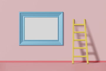Horizontal mockup picture frame blue color hanging on a pink wall near the staircase. Abstract multicolored kids cartoon concept. 3D rendering