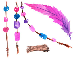 Obraz na płótnie Canvas set of feathers, ropes with beads for making a dreamcatcher. watercolor illustration for prints, cards, design and magazines...