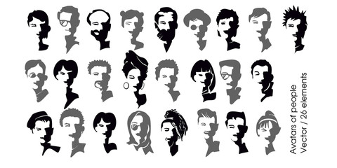 Group of people. Set of diverse avatars. Different nationalities, clothes and hair styles. Portraits of boys and girls. Black and white of flat design people characters. vector illustration.