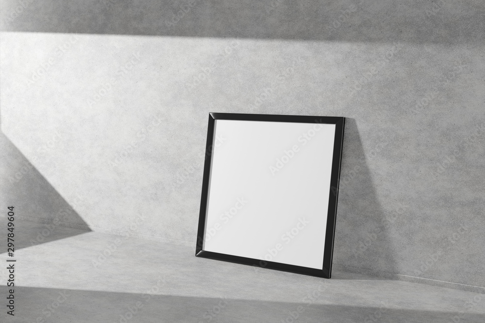 Poster square mock-up picture frame in black stend on a concrete floor simple interior bright room light an