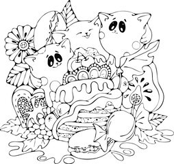 Smiling Cat with a balloons, funny vector illustration, coloring page