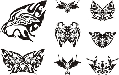 Roaring lion head symbol and butterflies formed from it. Abstract unusual flaming lion and butterfly wings patterns for a tattoo, an embroidery, decals and etc. 