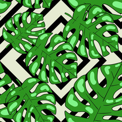 Seamless vector pattern with green tropical leaves on black and white geometrical background. Good for printing. Wallpaper, fabric and textile design. Wrapping paper pattern. Cute design.