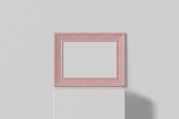 Horizontal old mockup picture of a coral frame stands on a white shelf. Simple interior. Vintage design scratched paint. 3D rendering