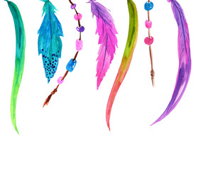 banner of feathers of different colors and ropes with beads. dreamcatcher elements.Watercolor illustration for prints, cards, design and magazines.