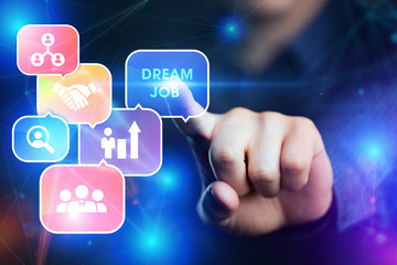 Business, Technology, Internet and network concept. Young businessman shows the word: dream job.