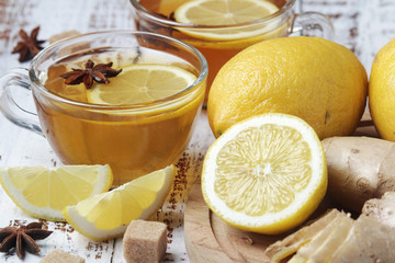 Hot tea with lemon and ginger	