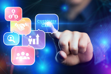 The concept of business, technology, the Internet and the network. A young entrepreneur working on a virtual screen of the future and sees the inscription: customer care.