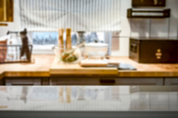 Desk of free space and kitchen interior 