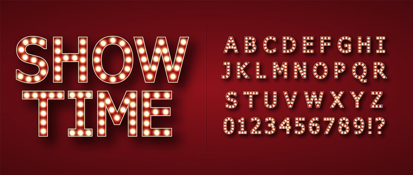 Retro alphabet from Edison lamps. For registration of advertising signs, banners, posters. On red background. Golden lighting. Glitter light. Show time. Volumetric image. Isolated.