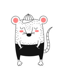 Vector line drawing cute rat. Creative funny mouse for New 2020 Year